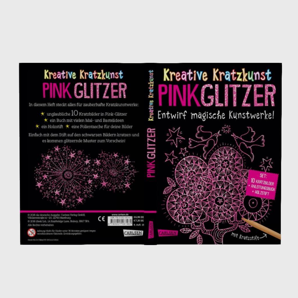 Beispielinhalt (Bild) Kreative Kratzkunst: Pink Glitzer: Set mit 10 Kratzbildern, Anleitungsbuch und Holzstift