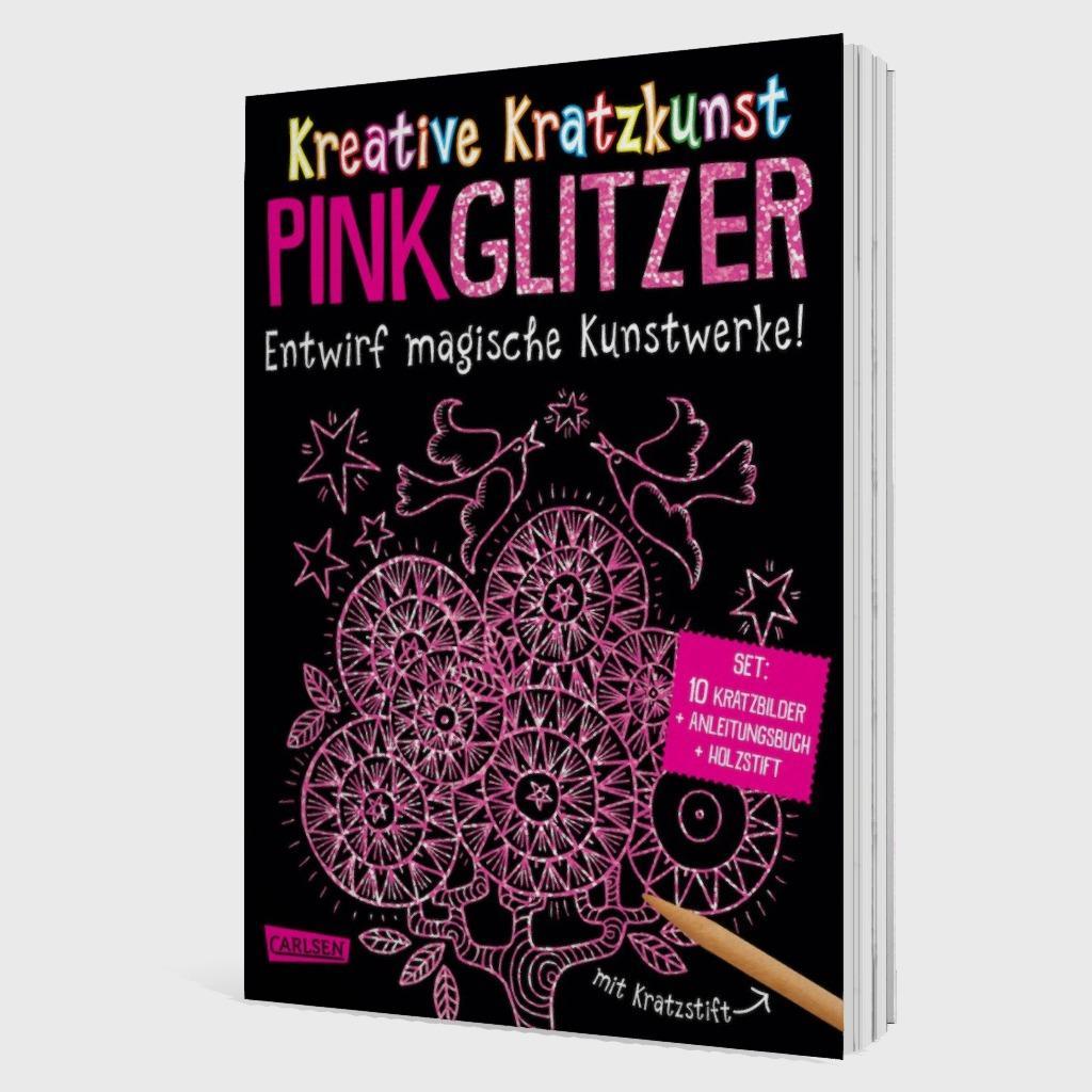 Beispielinhalt (Bild) Kreative Kratzkunst: Pink Glitzer: Set mit 10 Kratzbildern, Anleitungsbuch und Holzstift