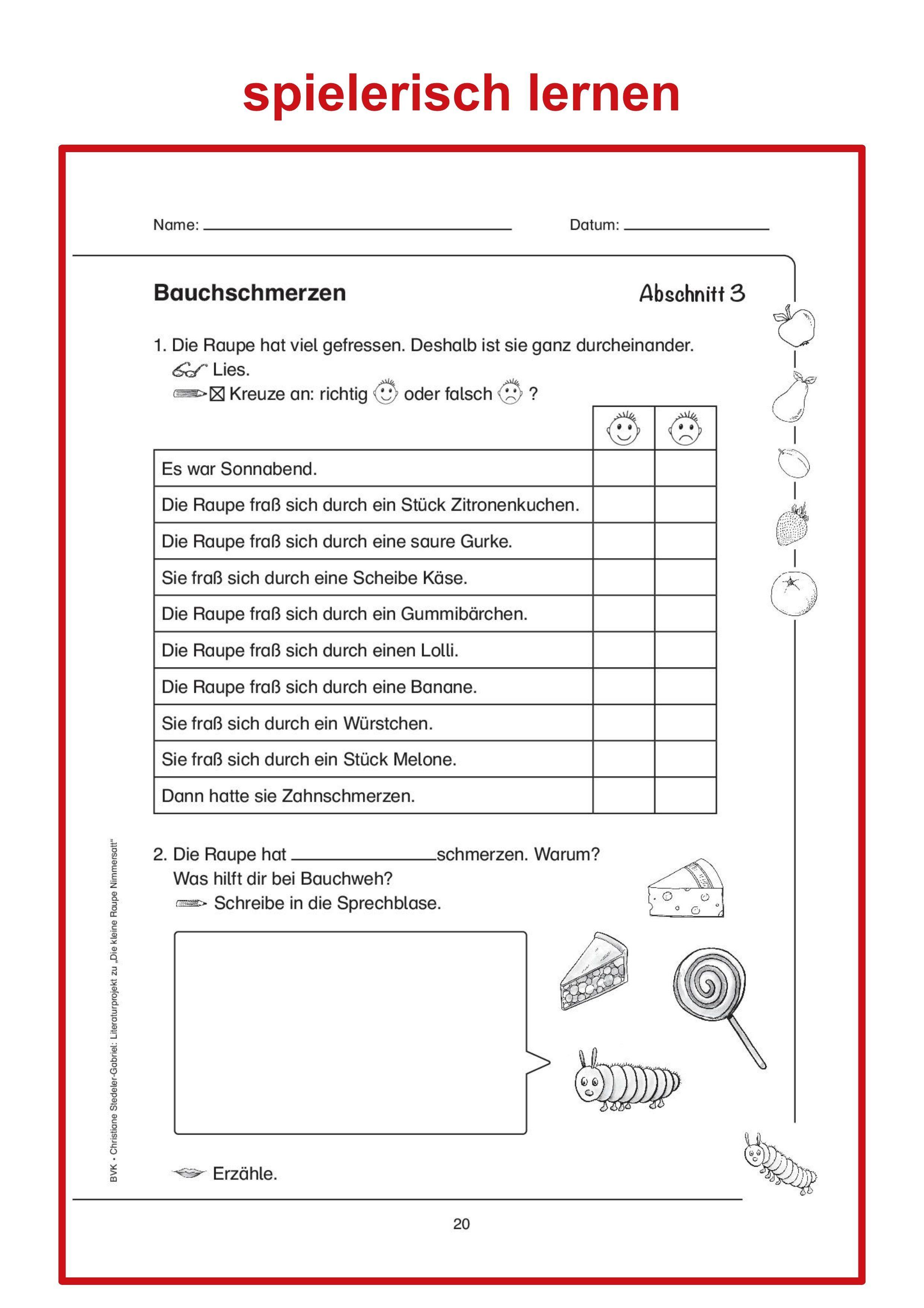 Beispielinhalt (Bild) Literaturprojekt zu "Die kleine Raupe Nimmersatt"