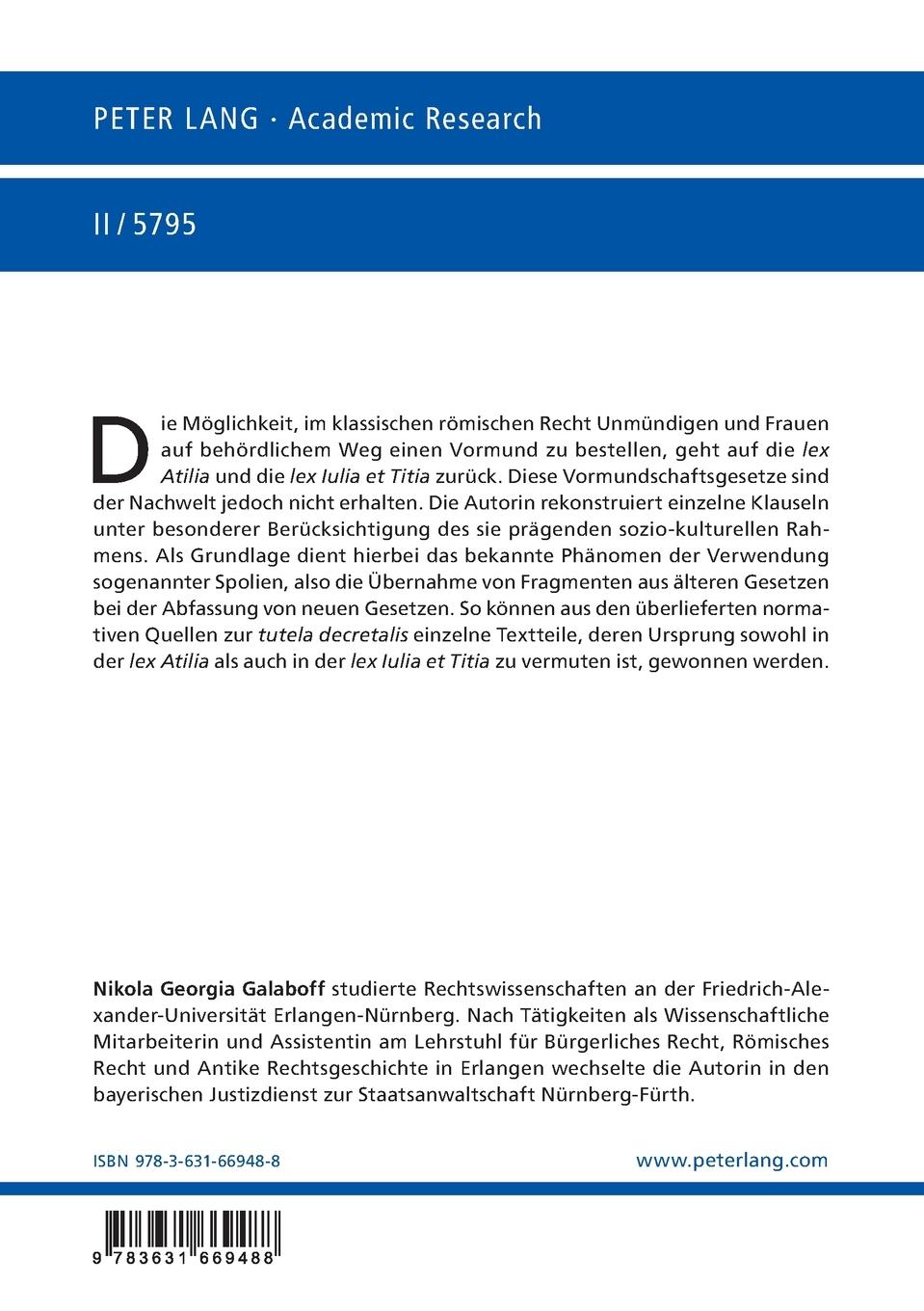 Rückseitencover Die Palingenesie der römischen Vormundschaftsgesetze