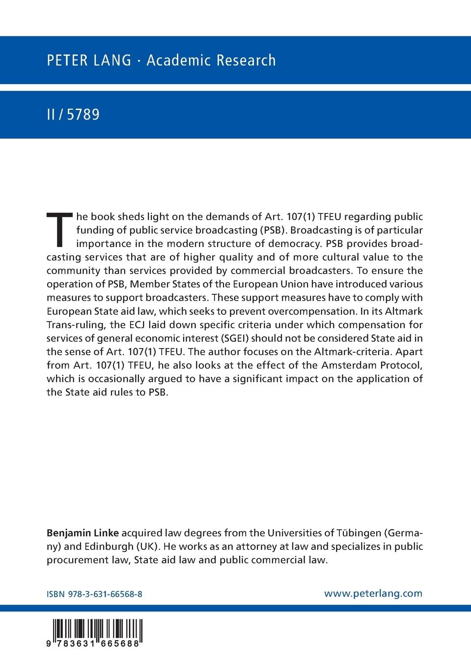 Rückseitencover Public Financing of Public Service Broadcasting and its Qualification as State Aid