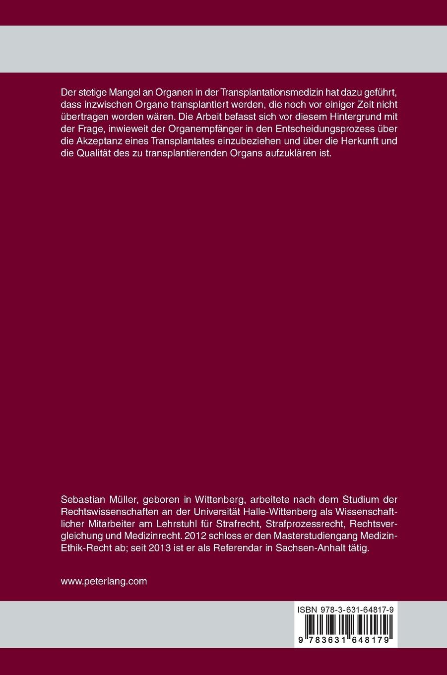 Rückseitencover Die Aufklärung des Organspendeempfängers über Herkunft und Qualität des zu transplantierenden Organs