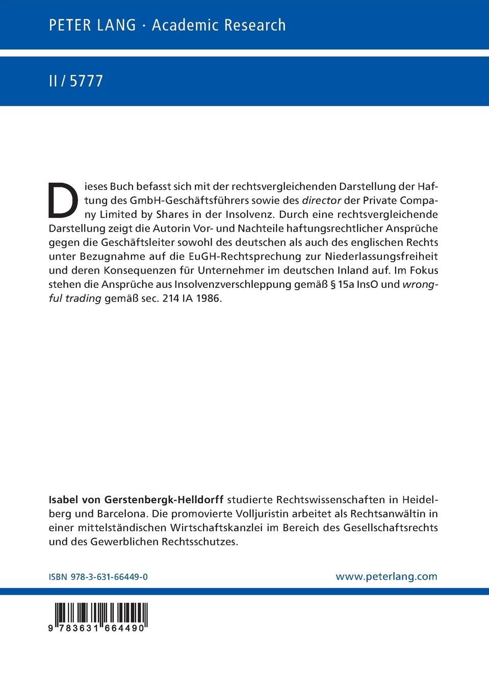 Rückseitencover Die Haftung des Geschäftsleiters in der Insolvenz