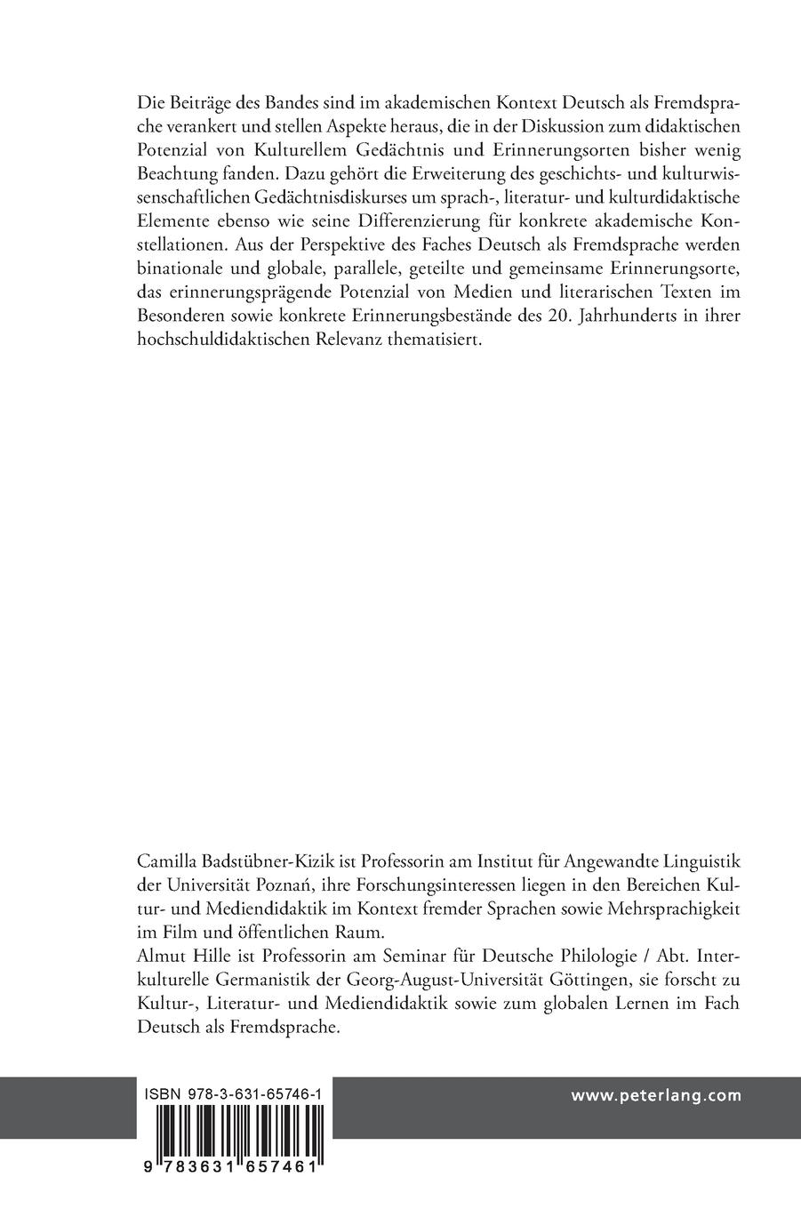 Rückseitencover Kulturelles Gedächtnis und Erinnerungsorte im hochschuldidaktischen Kontext