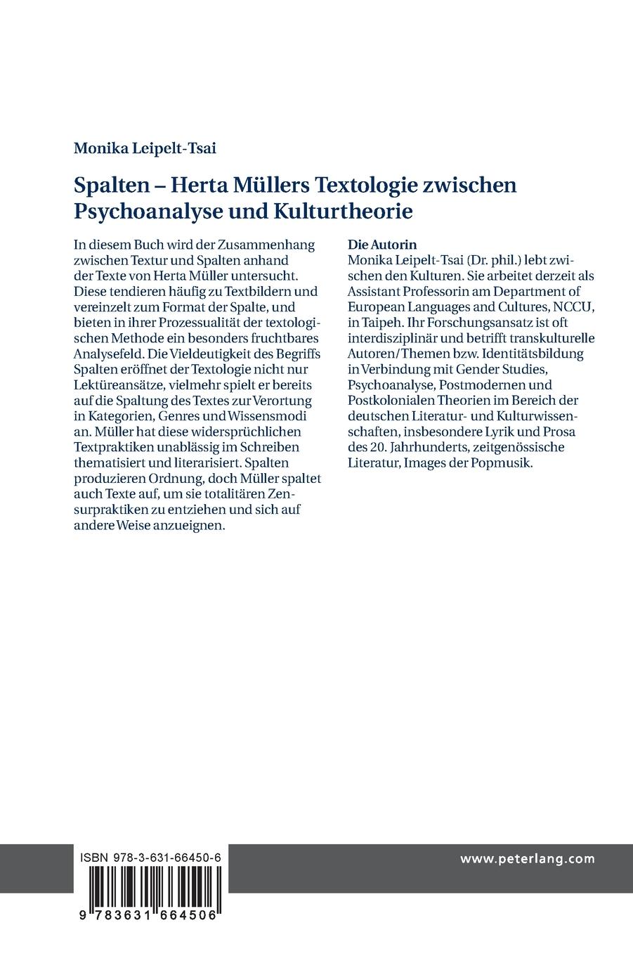 Rückseitencover Spalten - Herta Müllers Textologie zwischen Psychoanalyse und Kulturtheorie