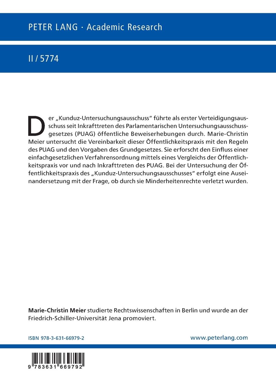 Rückseitencover Öffentlichkeit im Verteidigungsausschuss als Untersuchungsausschuss gemäß Art. 45 a Abs. 2 GG