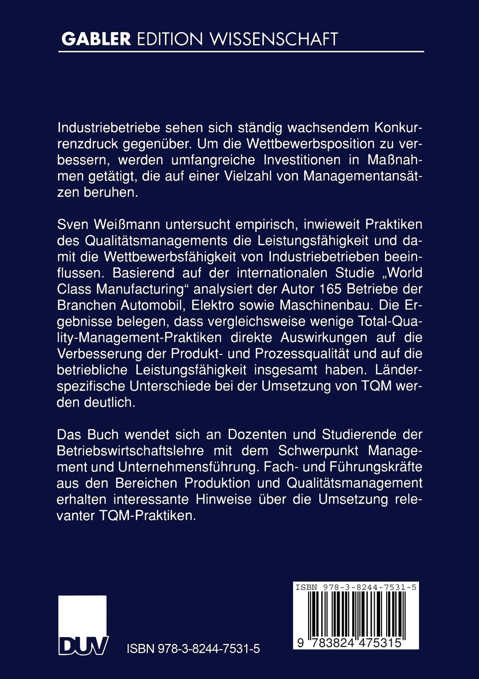 Rückseitencover Total Quality Management für Industriebetriebe