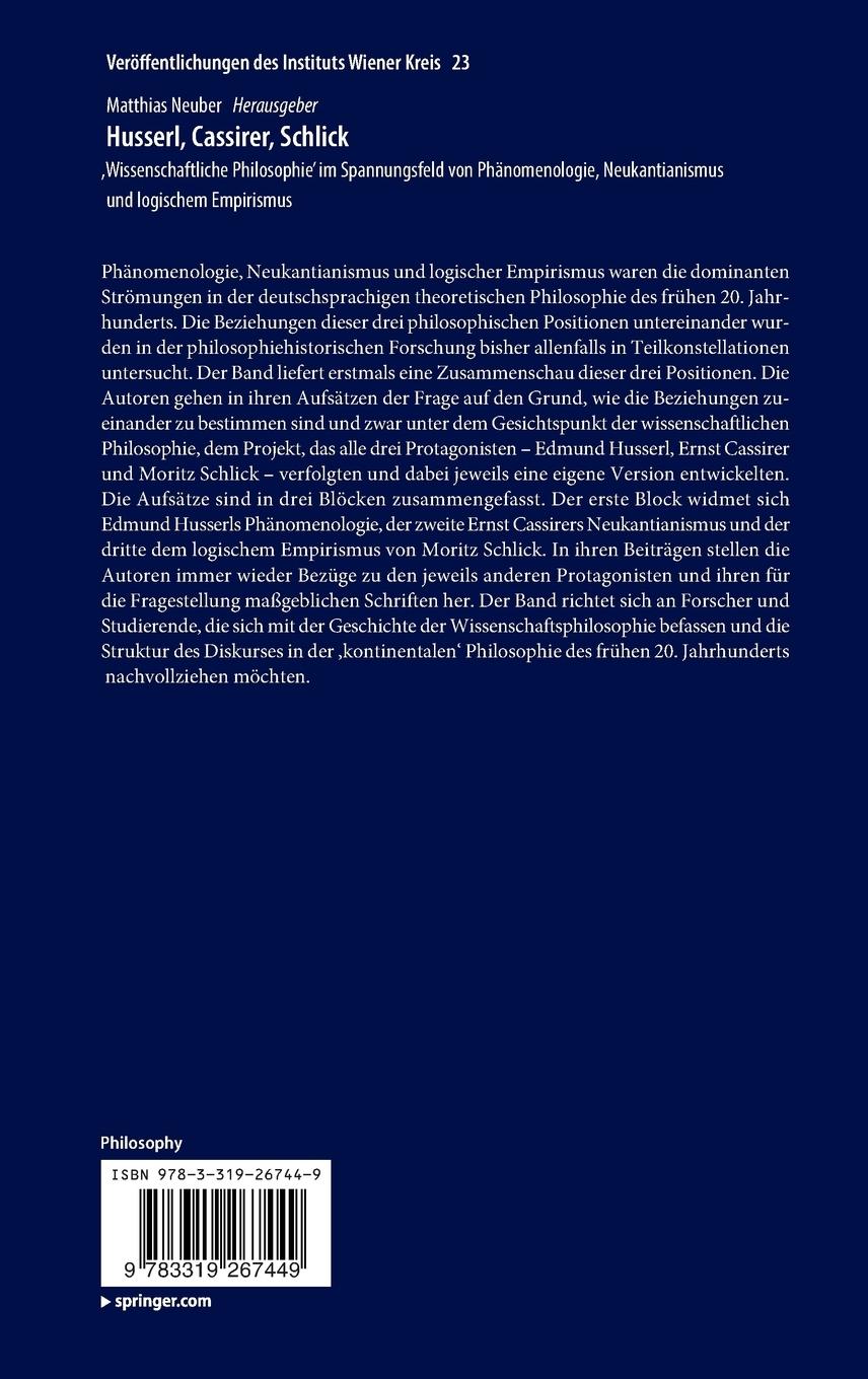Rückseitencover Husserl, Cassirer, Schlick