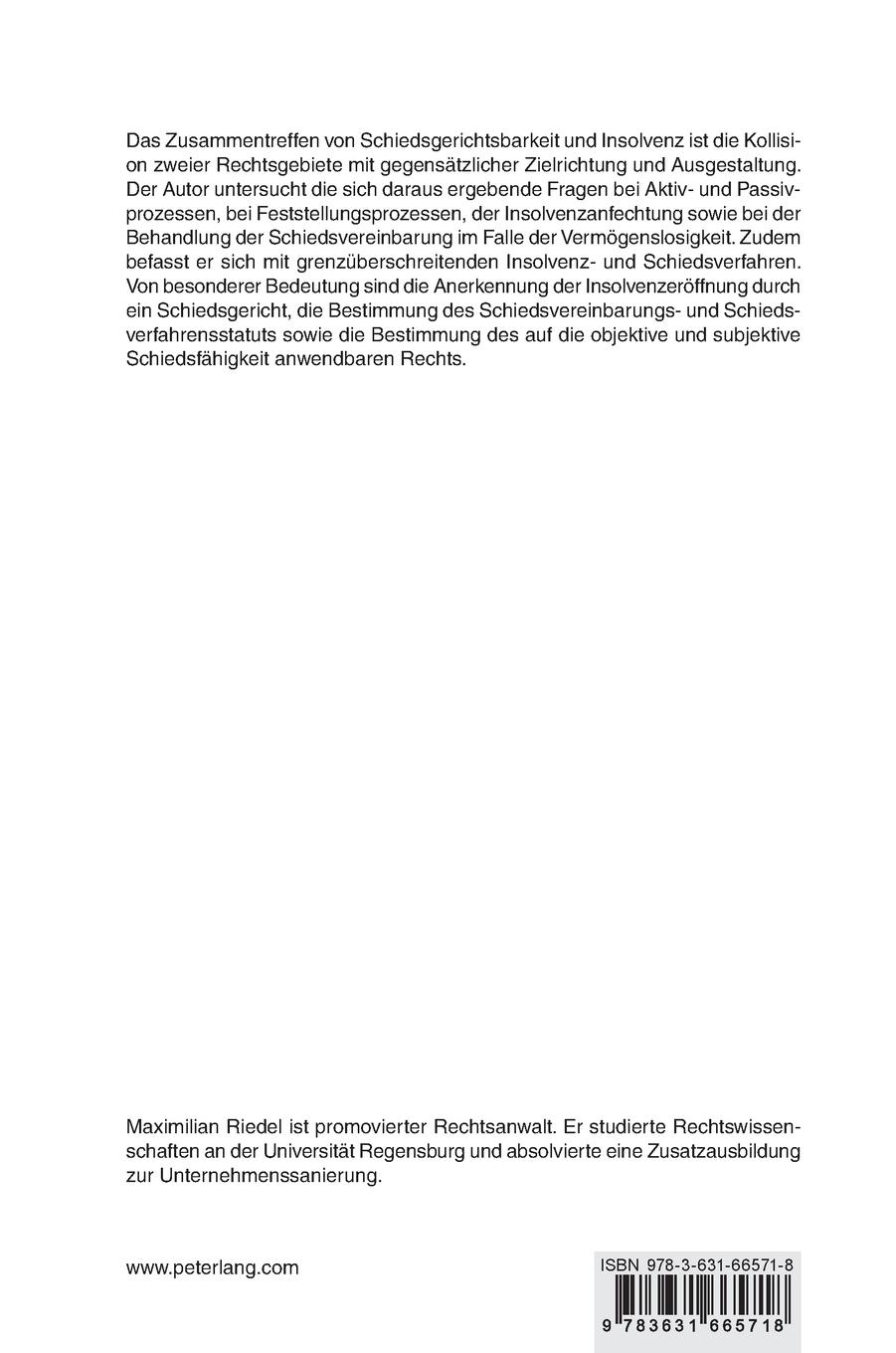 Rückseitencover Insolvenz in nationalen und internationalen Schiedsverfahren