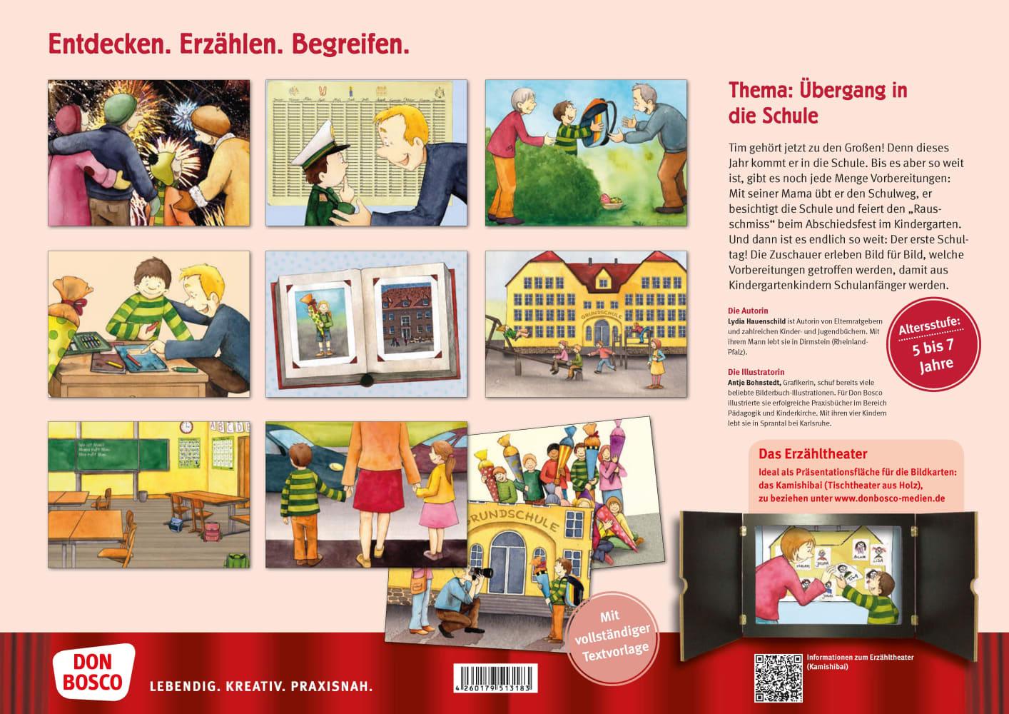Beispielinhalt (Bild) Die Schule ist ein großes Haus. Kamishibai Bildkartenset für Vorschule, Anfangsunterricht und Schuleingangsphase.