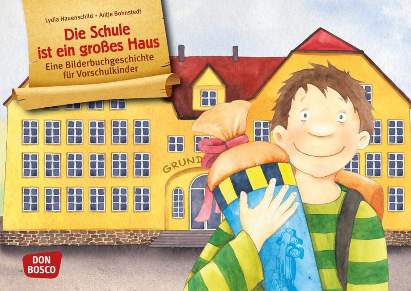 Vorderes Coverbild Die Schule ist ein großes Haus. Kamishibai Bildkartenset für Vorschule, Anfangsunterricht und Schuleingangsphase.