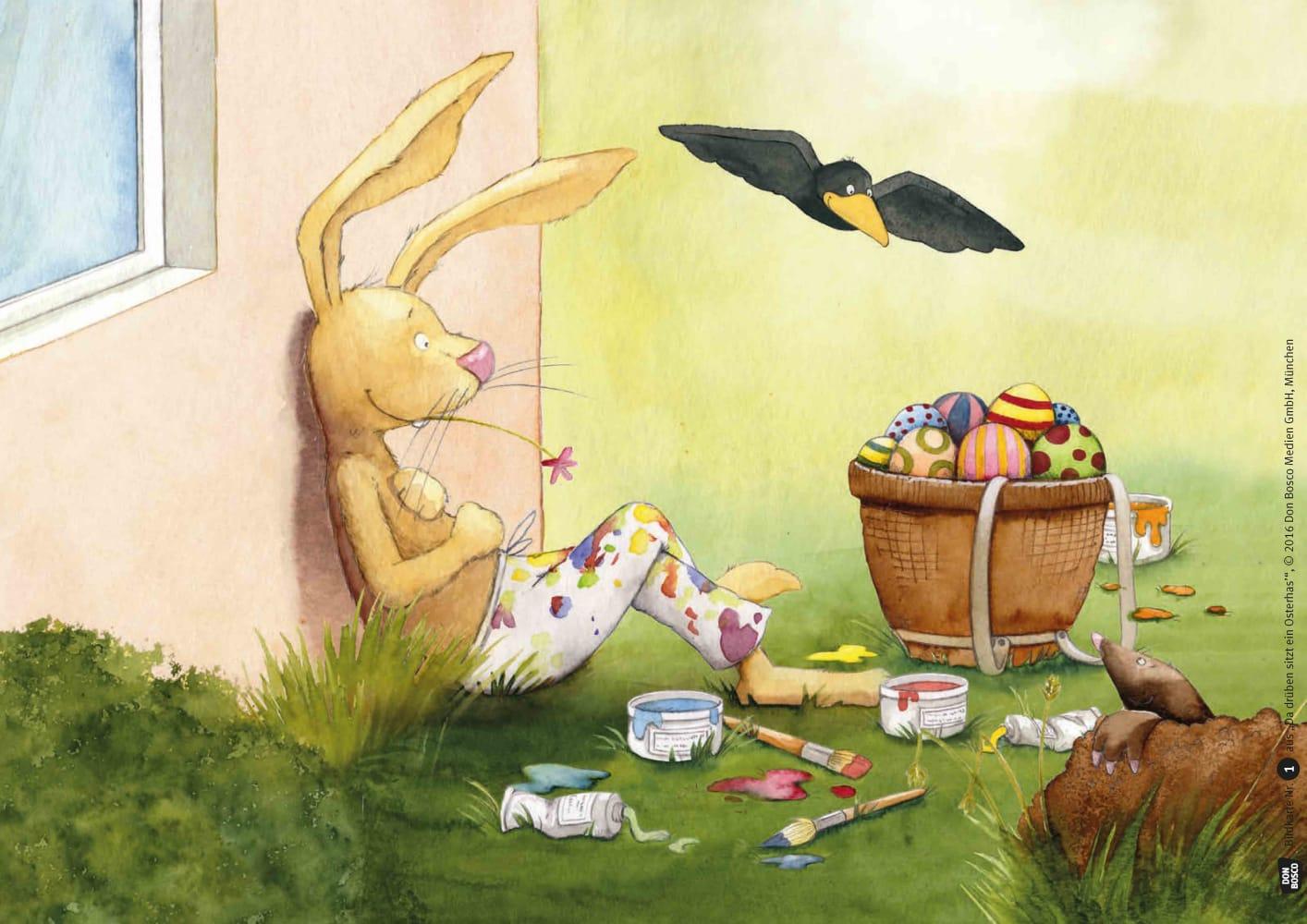 Beispielinhalt (Bild) Da drüben sitzt ein Osterhas. Kamishibai Bildkartenset.