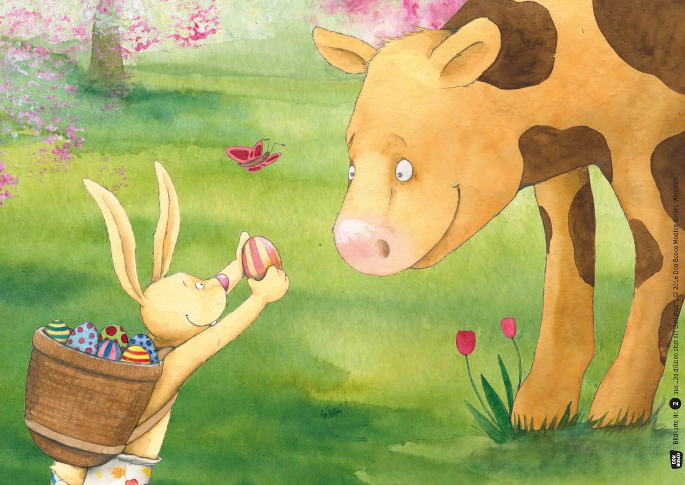 Beispielinhalt (Bild) Da drüben sitzt ein Osterhas. Kamishibai Bildkartenset.