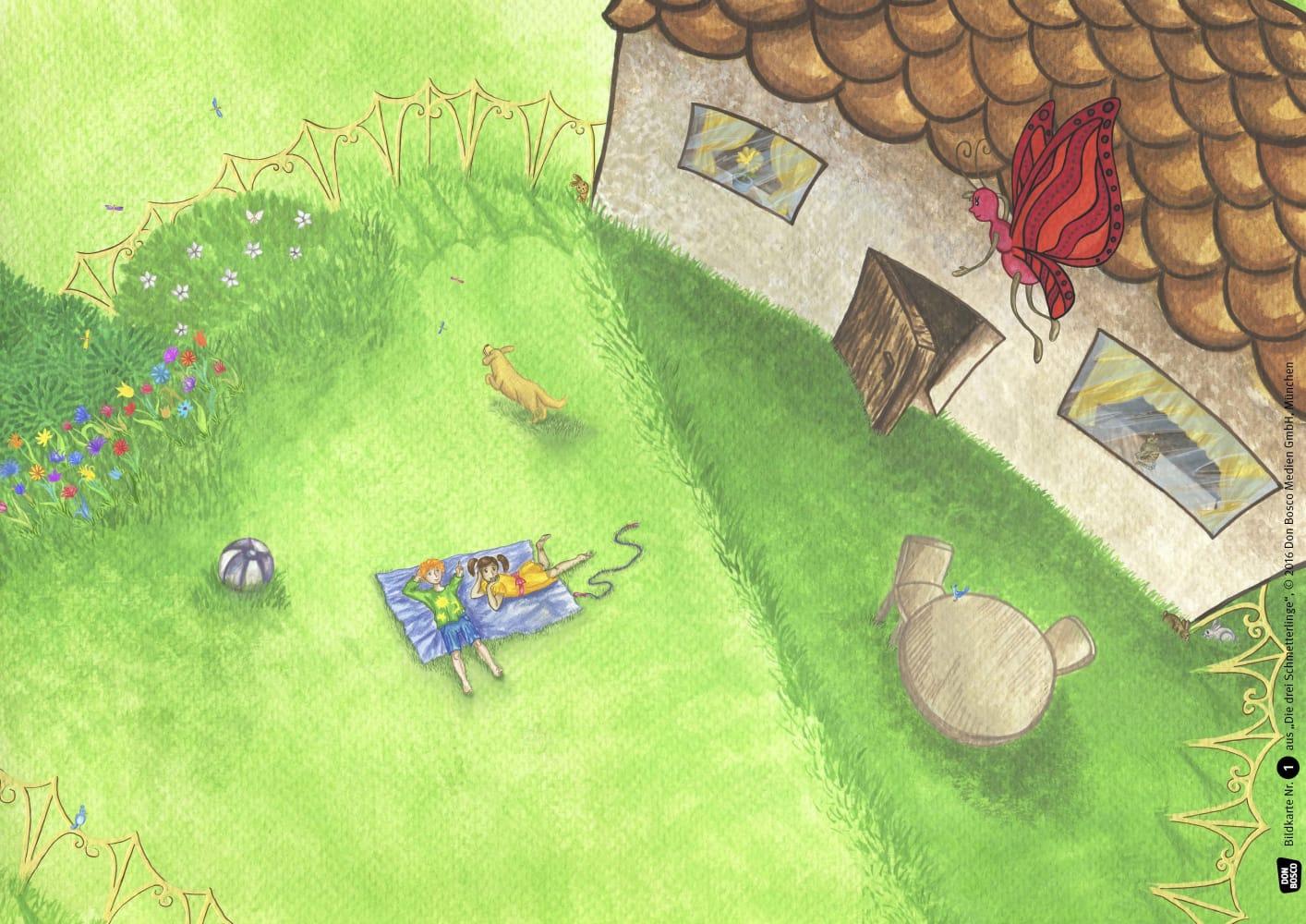 Beispielinhalt (Bild) Die drei Schmetterlinge. Kamishibai Bildkartenset.