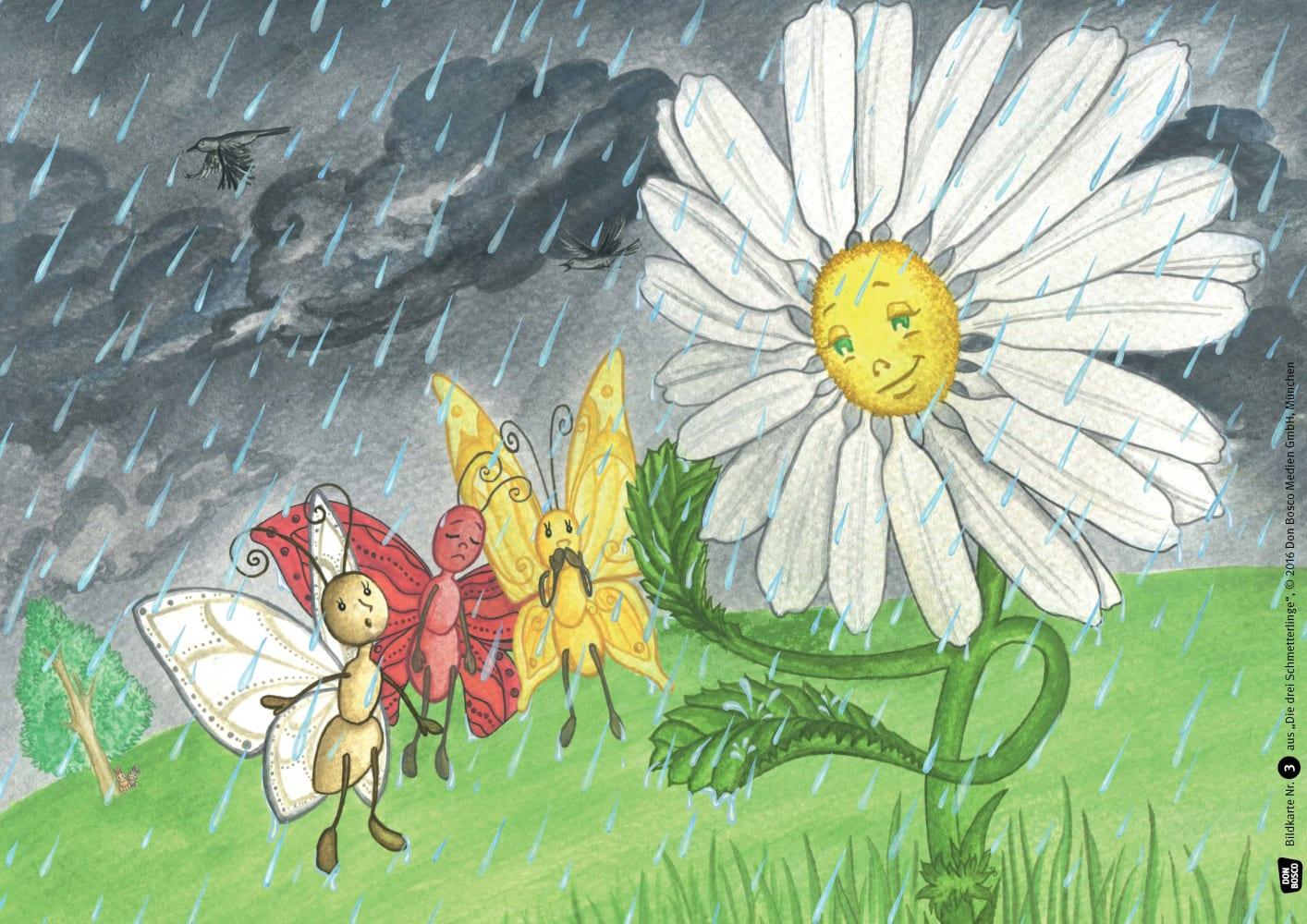 Beispielinhalt (Bild) Die drei Schmetterlinge. Kamishibai Bildkartenset.