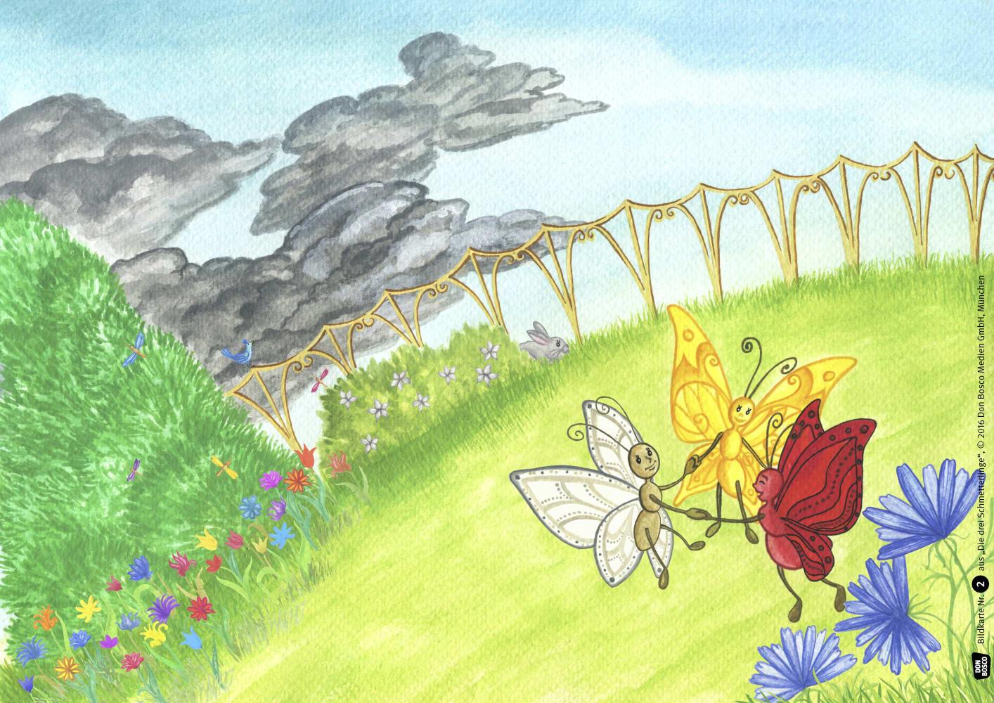 Beispielinhalt (Bild) Die drei Schmetterlinge. Kamishibai Bildkartenset.