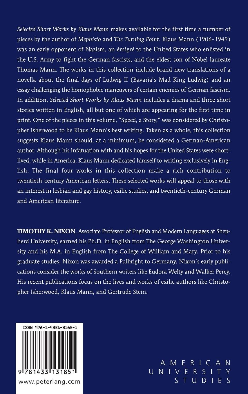 Rückseitencover Selected Short Works by Klaus Mann