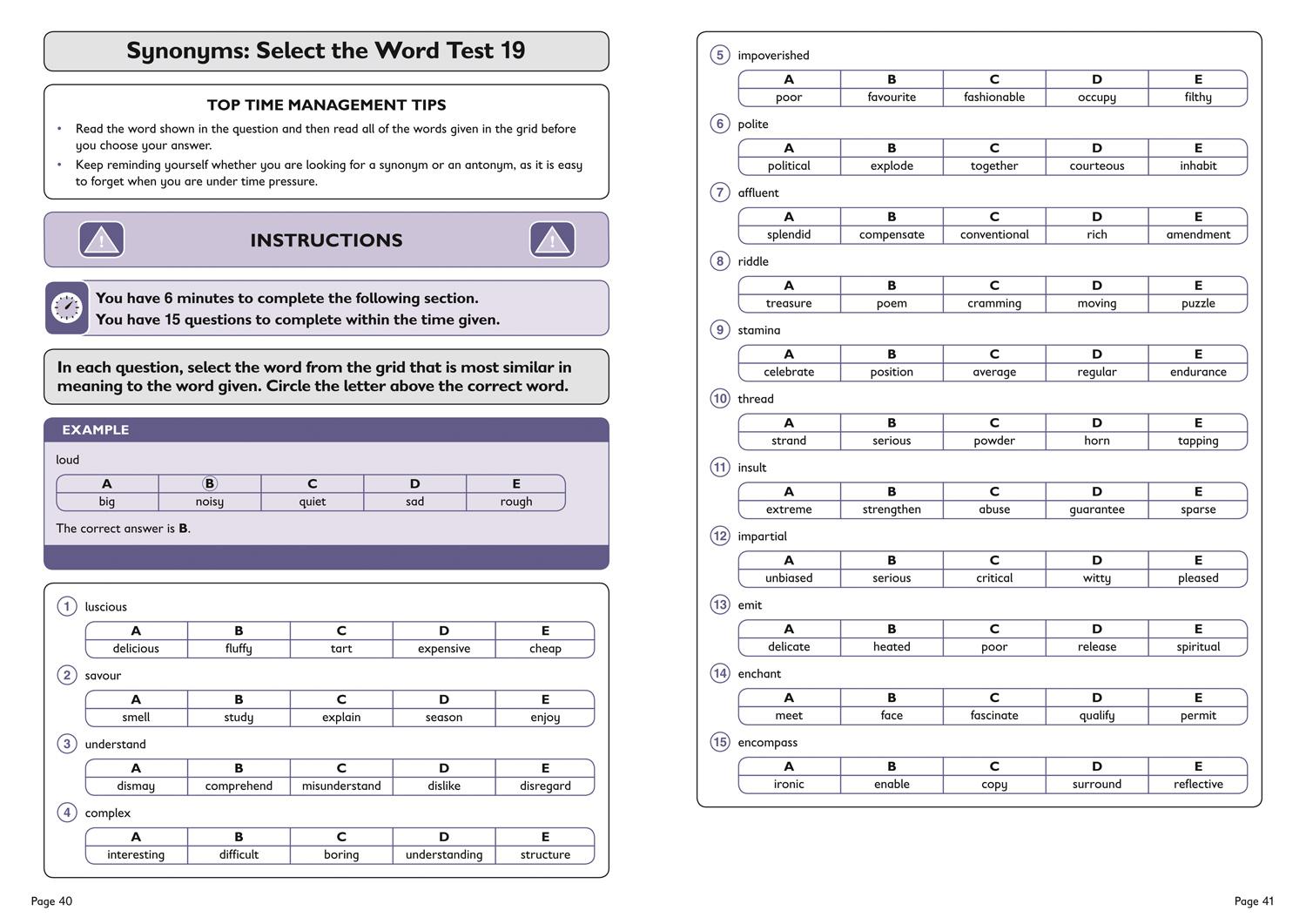 Beispielinhalt (Bild) 11+ Verbal Reasoning Vocabulary Practice Workbook