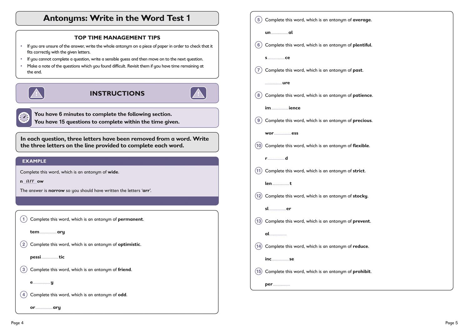 Beispielinhalt (Bild) 11+ Verbal Reasoning Vocabulary Practice Workbook