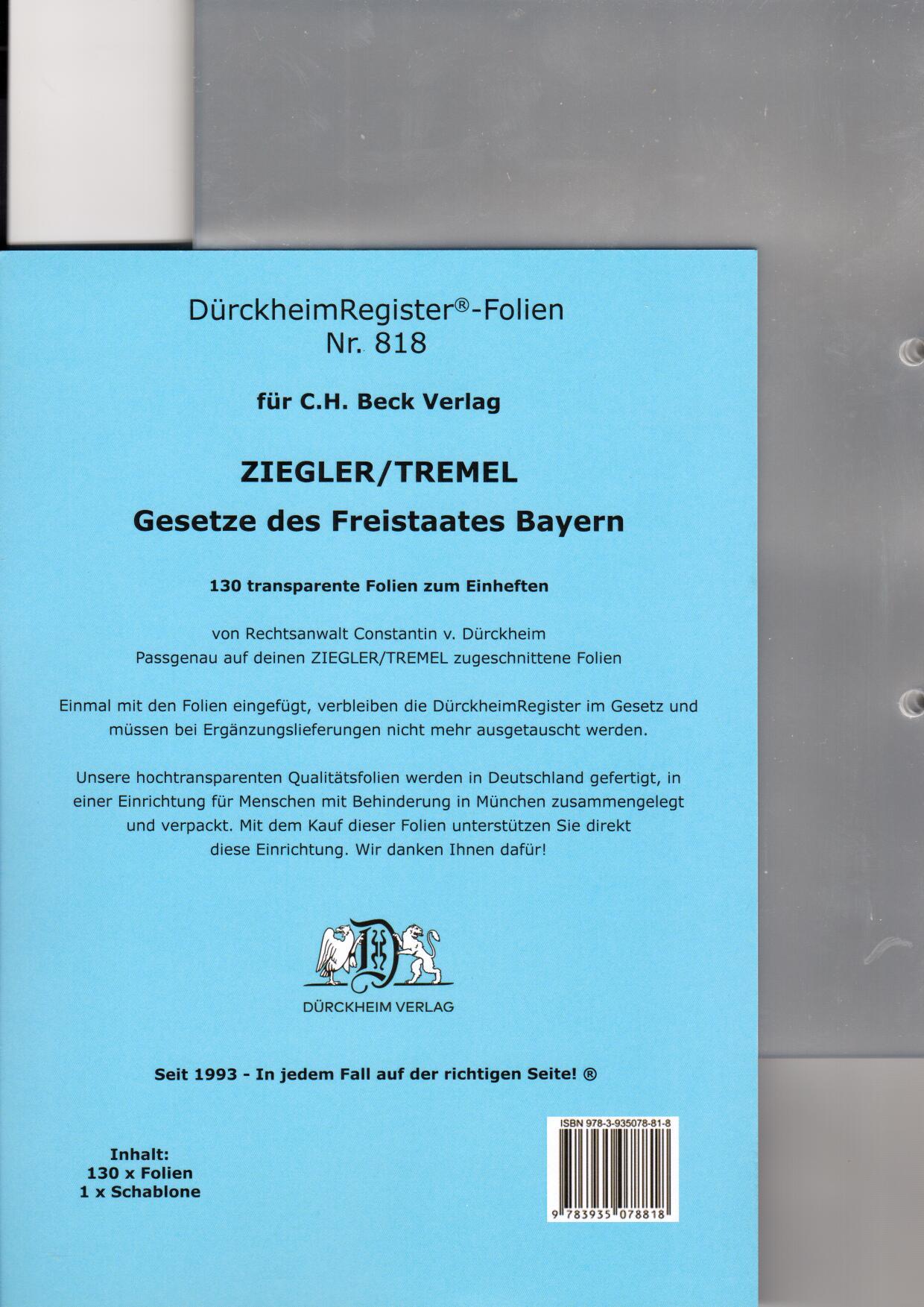 Vorderes Coverbild DürckheimRegister®-FOLIEN ZIEGLER/TREMEL Gesetze des Freistaates Bayern