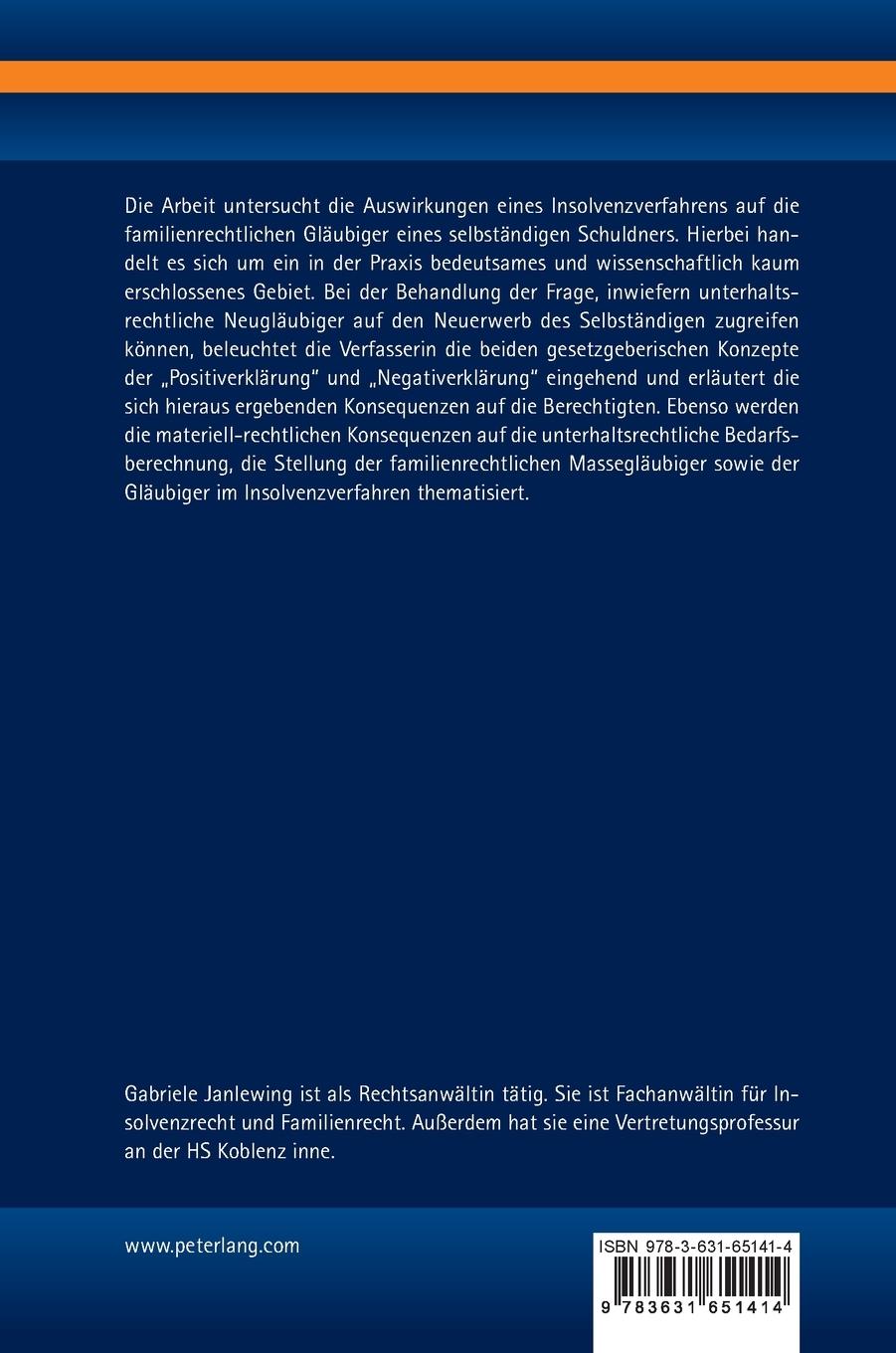 Rückseitencover Familienrechtliche Ansprüche gegen den Selbständigen in der Insolvenz