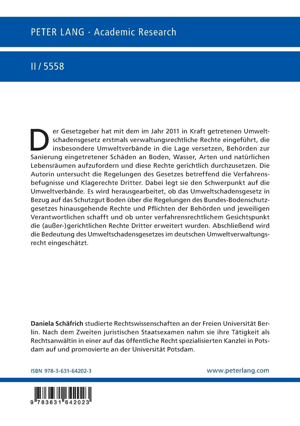 Rückseitencover Die Verfahrensbefugnisse und Klagerechte Dritter im Bereich des öffentlich-rechtlichen Bodenschutzes am Beispiel des Umweltschadensgesetzes