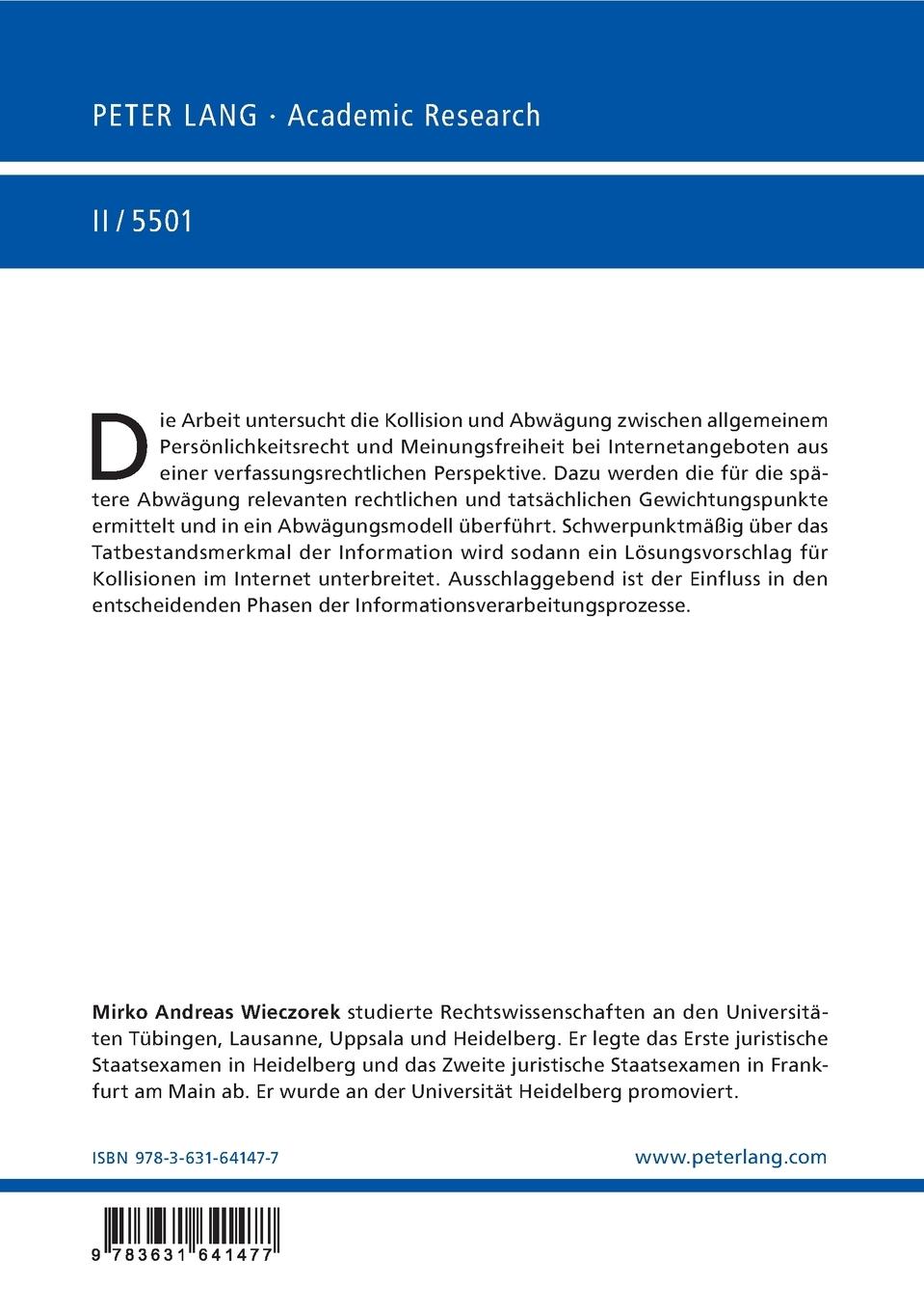 Rückseitencover Persönlichkeitsrecht und Meinungsfreiheit im Internet