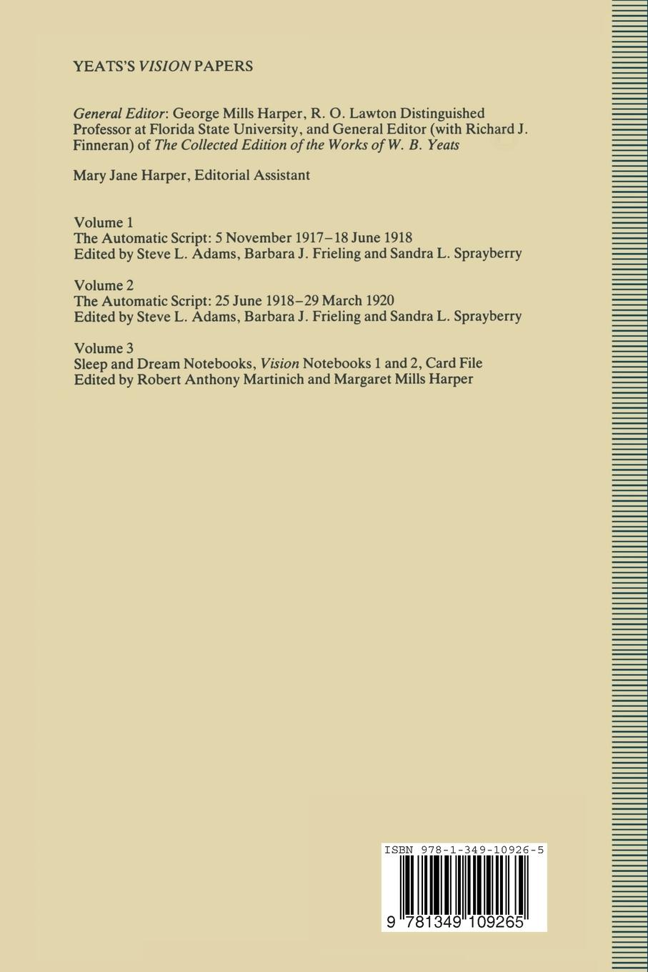 Rückseitencover Yeats's Vision Papers