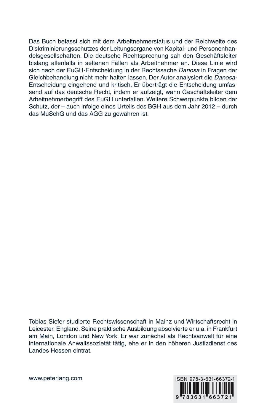 Rückseitencover Der Schutz von Geschäftsführern und Vorstandsmitgliedern gegen Diskriminierungen