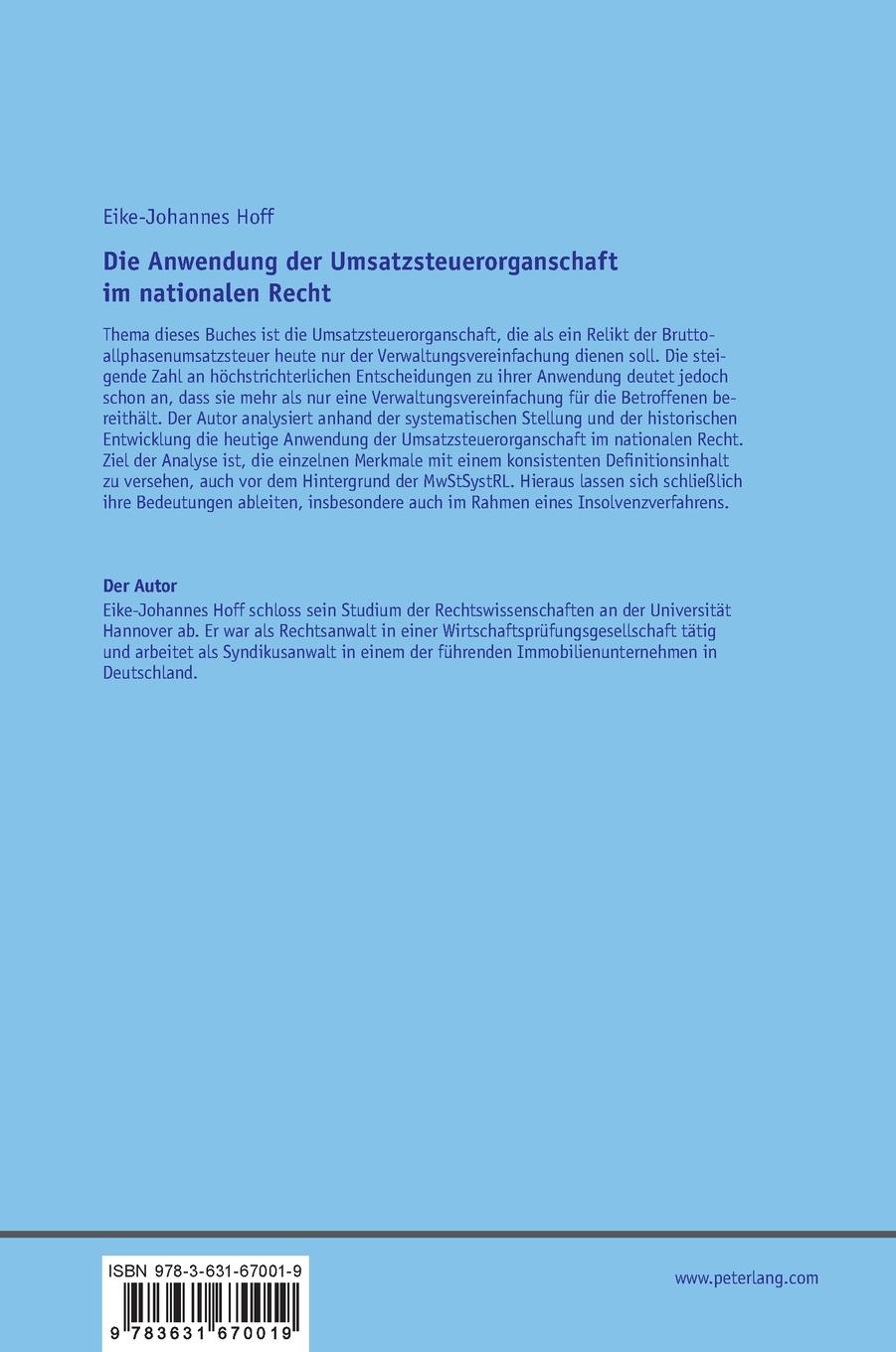 Rückseitencover Die Anwendung der Umsatzsteuerorganschaft im nationalen Recht