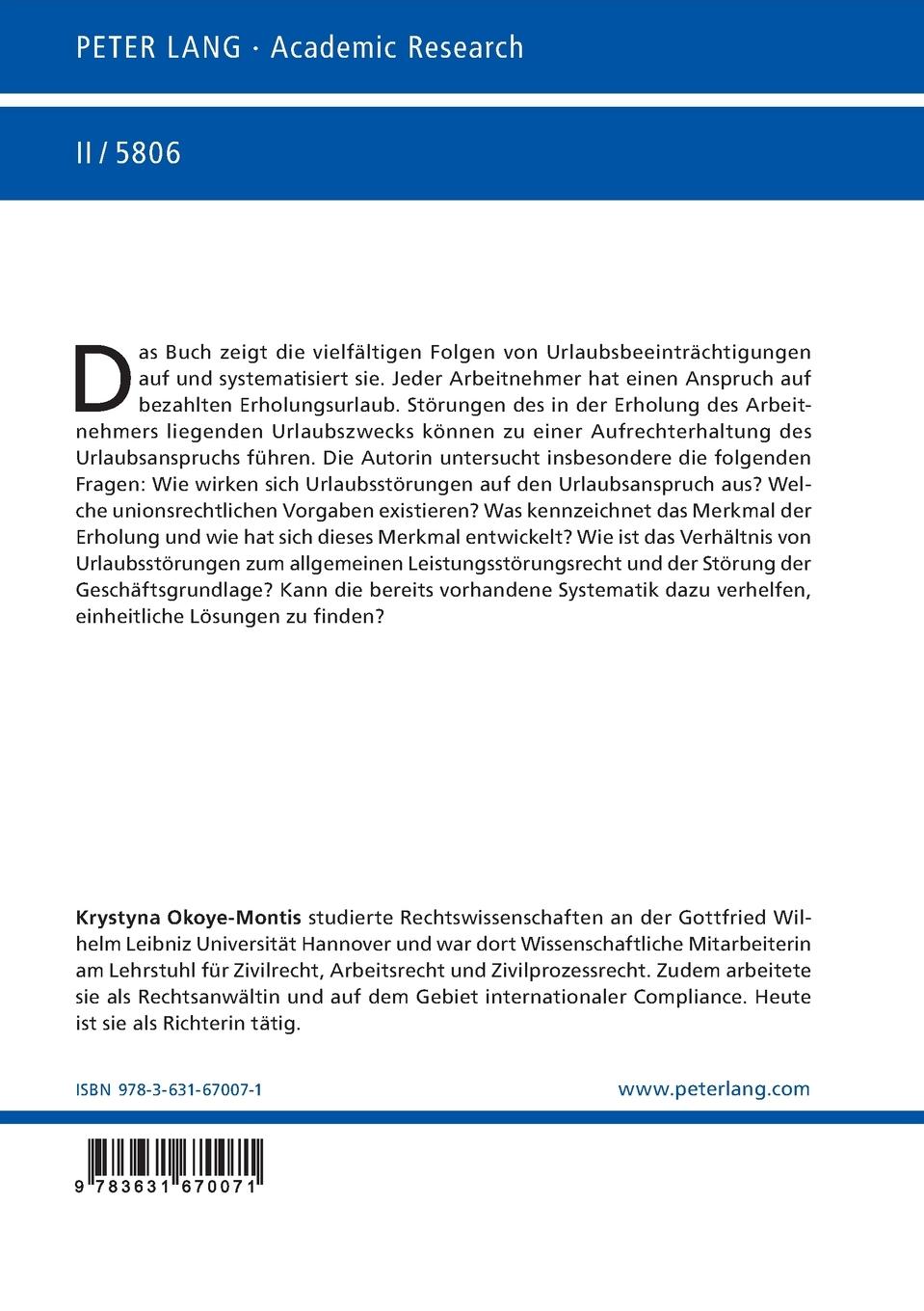 Rückseitencover Die Bedeutung des Urlaubszwecks für den Anspruch auf Urlaub nach dem Bundesurlaubsgesetz und die Behandlung von Urlaubsstörungen