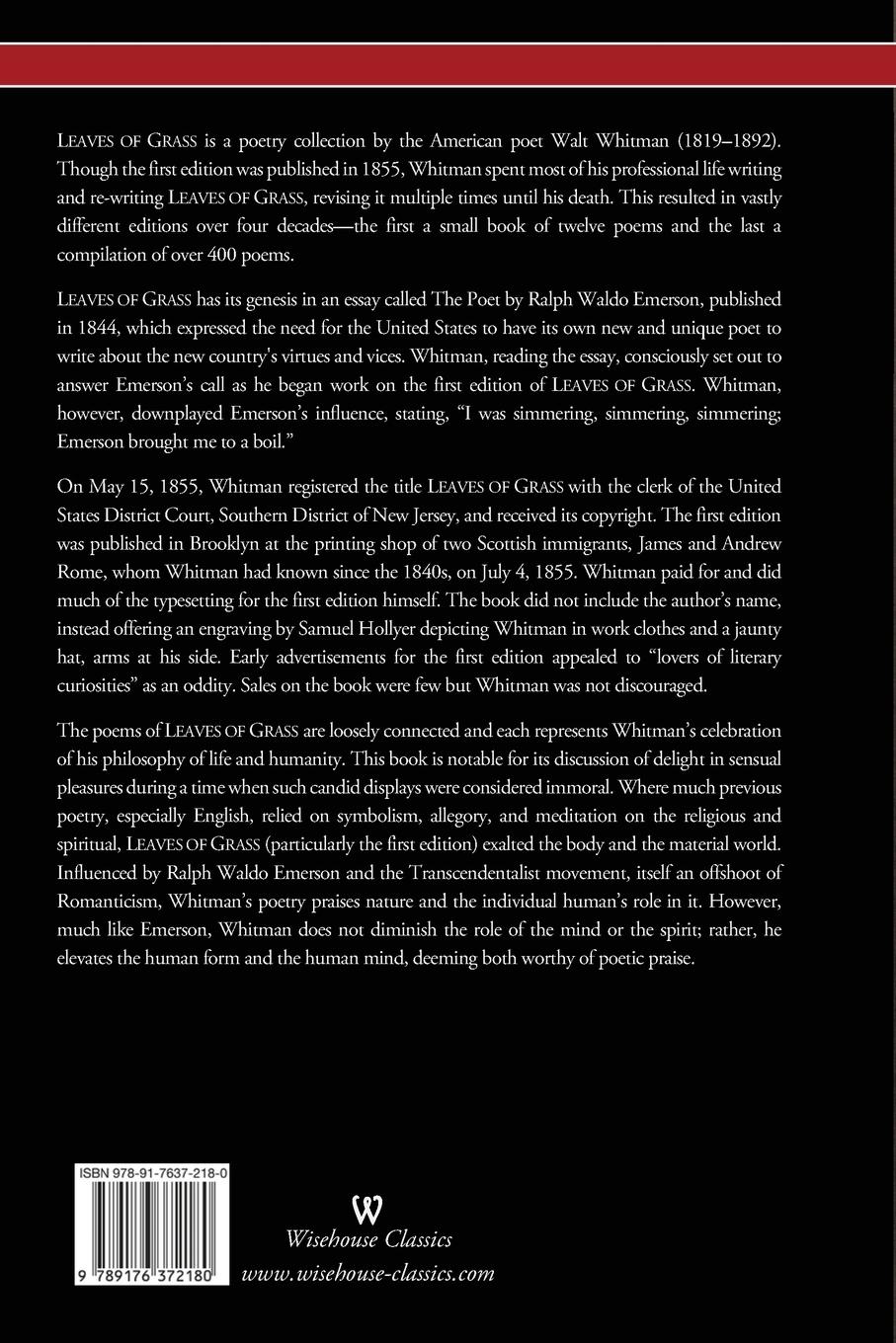 Rückseitencover Leaves of Grass (Wisehouse Classics - Authentic Reproduction of the 1855 First Edition)