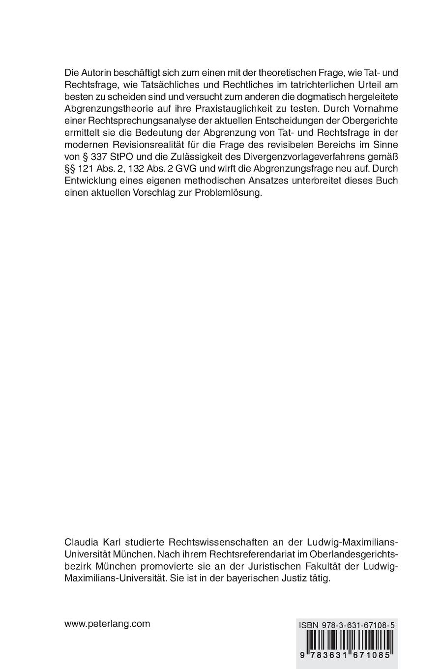 Rückseitencover Die Bedeutung der Abgrenzung von Tat- und Rechtsfrage in der strafprozessualen Revision