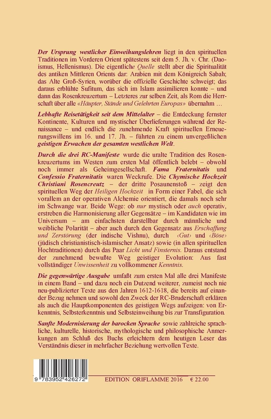 Rückseitencover Jubiläumsausgabe 400 Jahre Rosenkreuzer-Manifeste (1614, 1615, 1616)