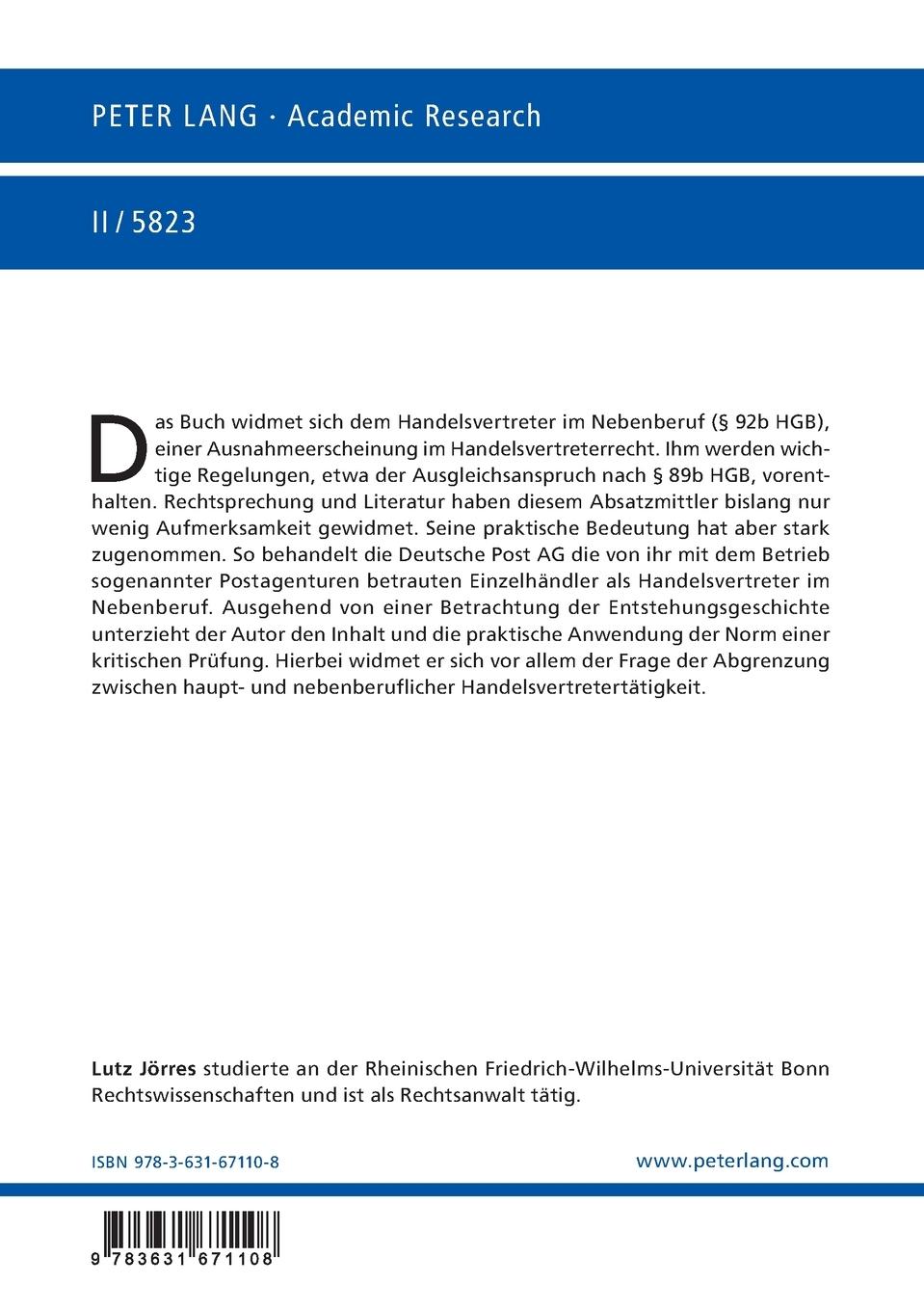 Rückseitencover Der Handelsvertreter im Nebenberuf gemäß § 92b HGB