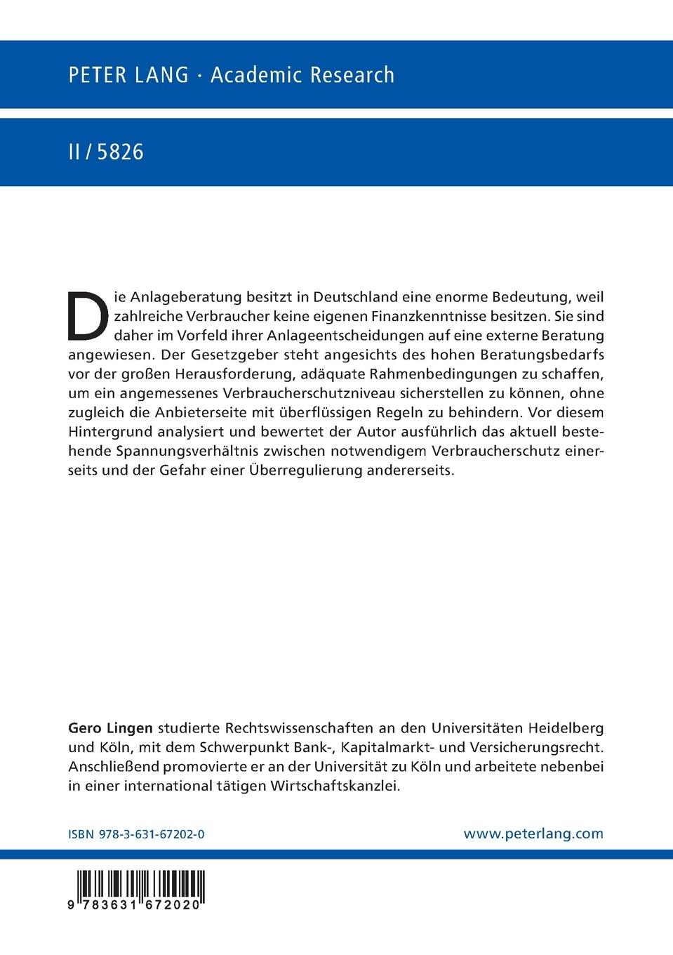 Rückseitencover Anlageberatung im Spannungsfeld zwischen Verbraucherschutz und Überregulierung