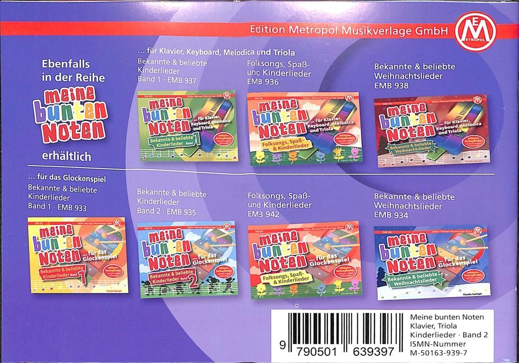 Beispielinhalt (Bild) Meine bunten Noten für Klavier, Keyboard, Melodica und Triola. Bekannte und beliebte Kinderlieder