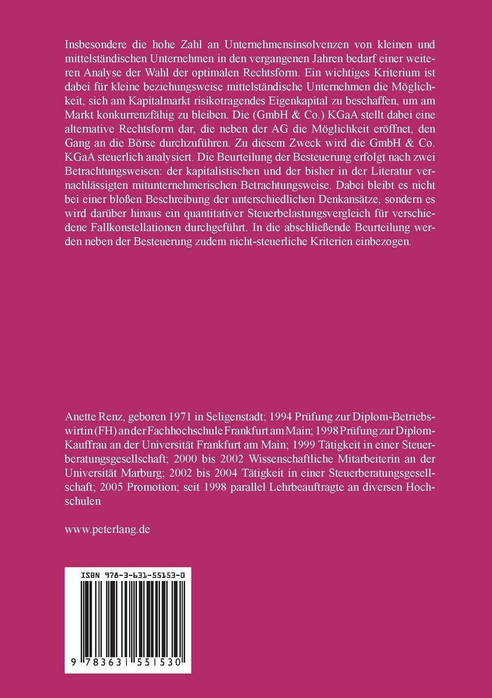 Rückseitencover Die Besteuerung der GmbH & Co. KGaA und ihre Eignung als Rechtsform für kleine und mittelständische Unternehmen