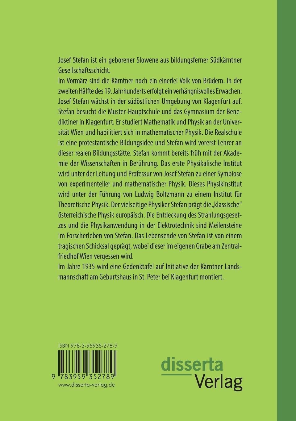 Rückseitencover Josef STEFAN 1835-1893: Kärntner Physikpionier - Lehrer - Mensch