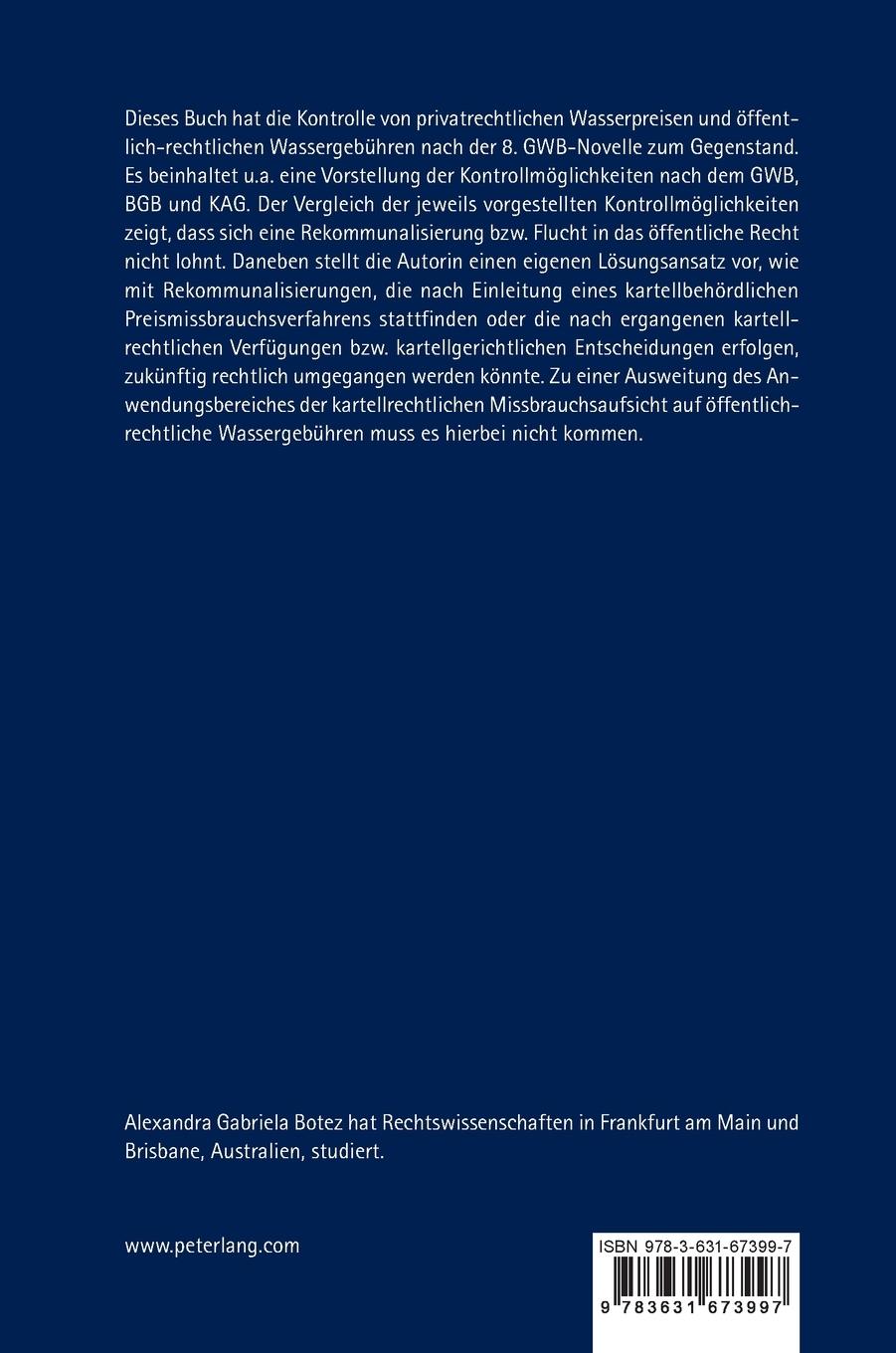 Rückseitencover Kontrolle von privatrechtlichen Wasserpreisen und öffentlich-rechtlichen Wassergebühren nach der 8. GWB-Novelle