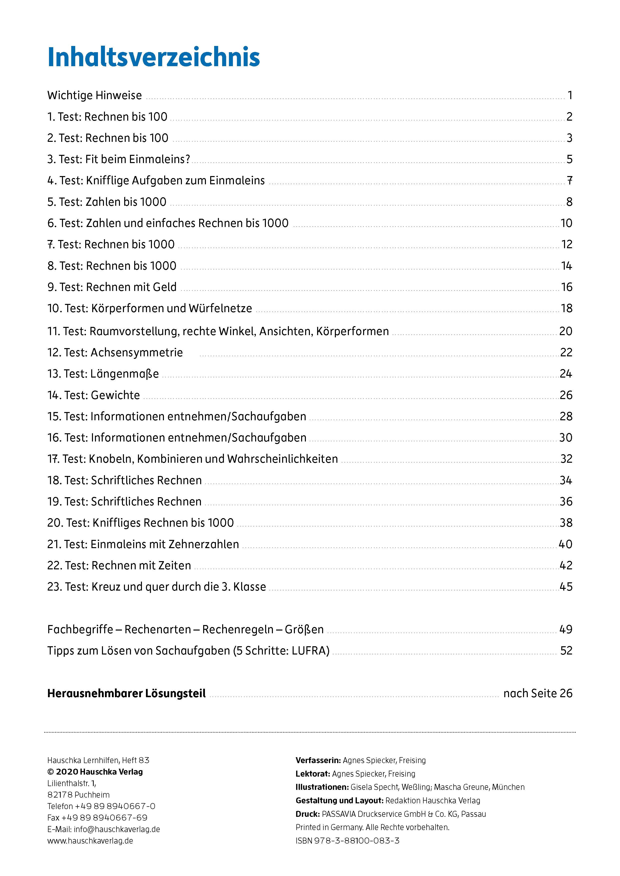 Beispielinhalt (Bild) Tests in Mathe - Lernzielkontrollen 3. Klasse