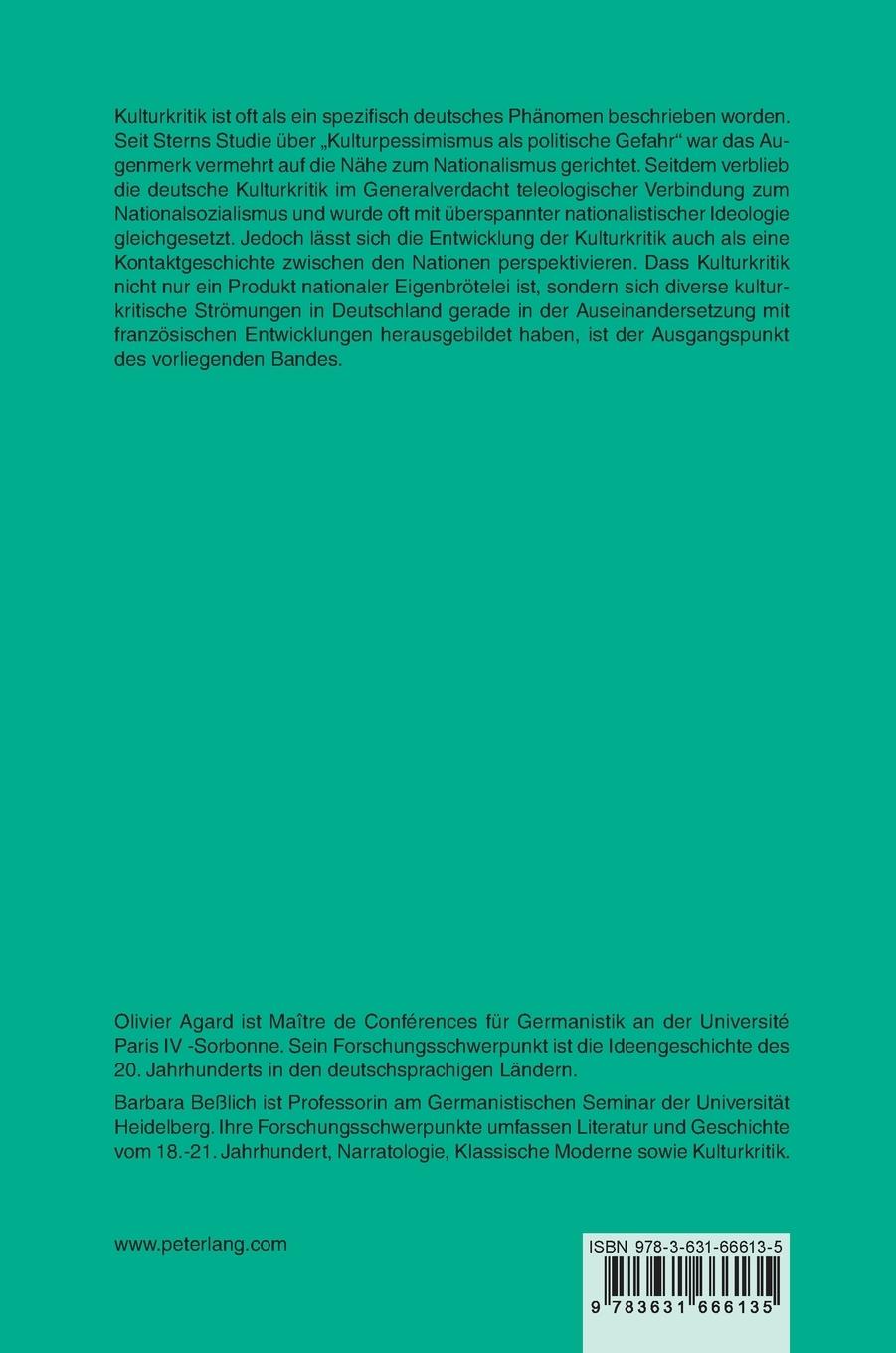 Rückseitencover Kulturkritik zwischen Deutschland und Frankreich (1890-1933)