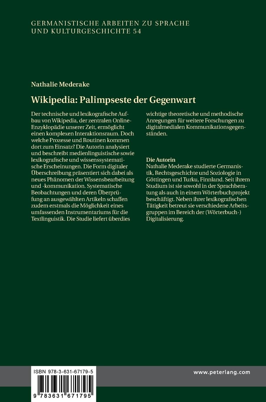 Rückseitencover Wikipedia: Palimpseste der Gegenwart