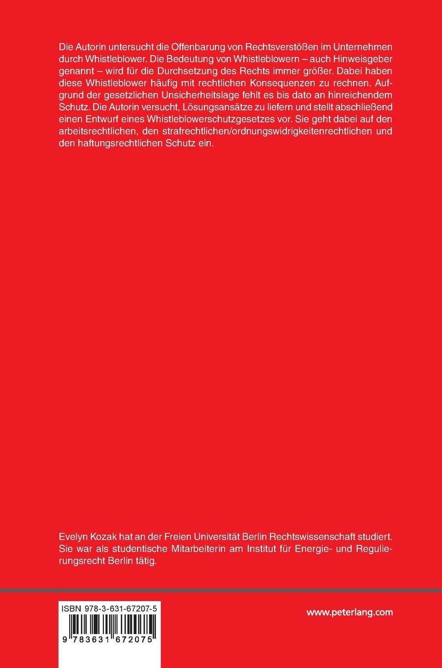 Rückseitencover Zur Notwendigkeit eines arbeitsrechtlichen und haftungsrechtlichen Whistleblowerschutzes