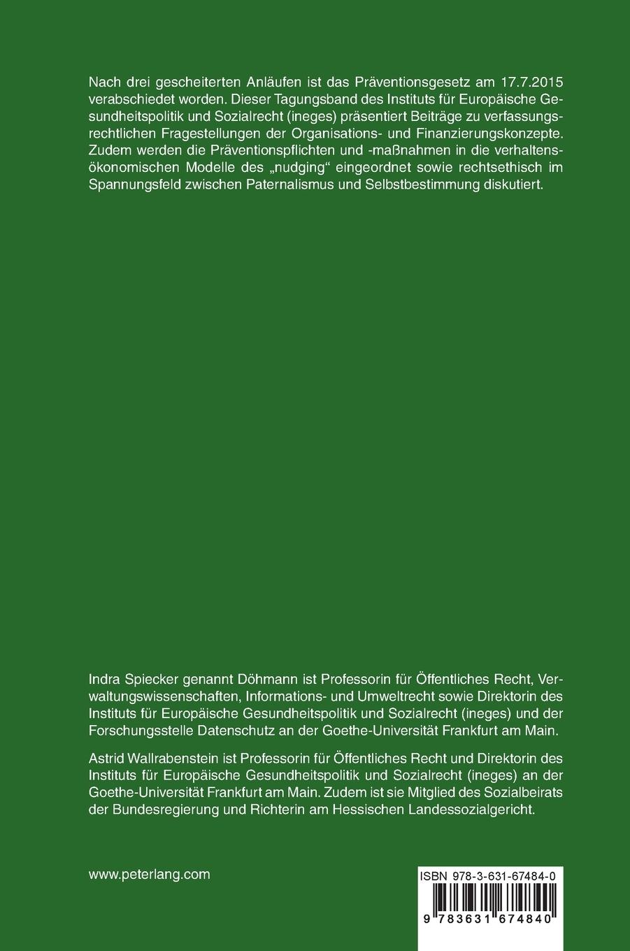 Rückseitencover Rechtswissenschaftliche Fragen an das neue Präventionsgesetz