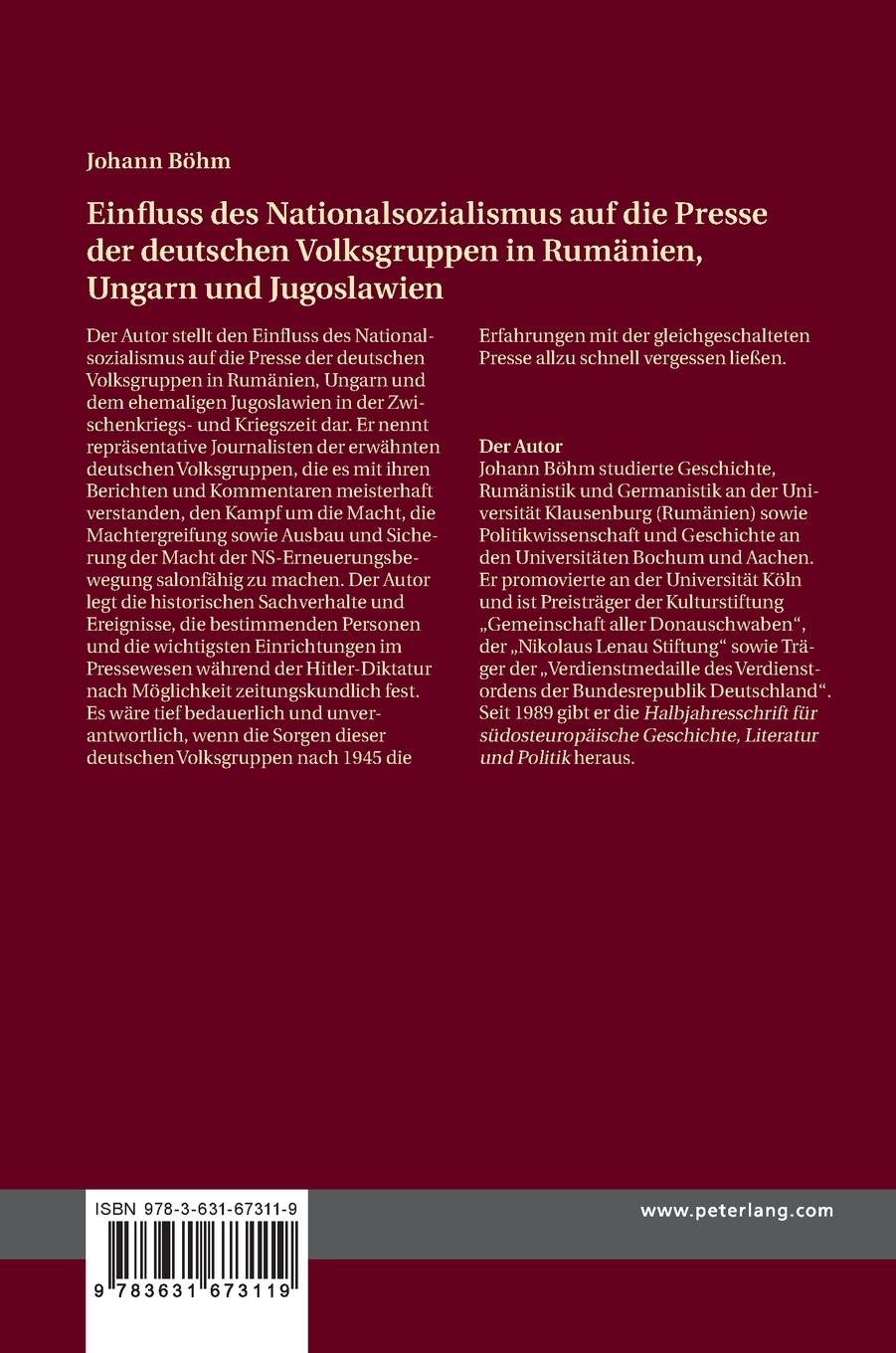 Rückseitencover Einfluss des Nationalsozialismus auf die Presse der deutschen Volksgruppen in Rumänien, Ungarn und Jugoslawien