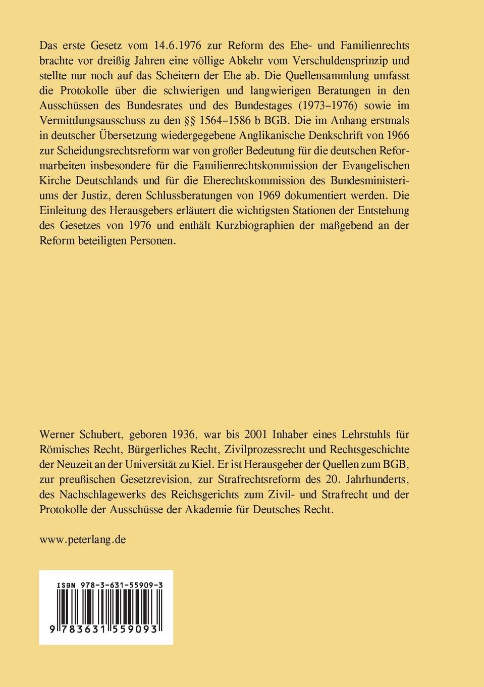 Rückseitencover Die Reform des Ehescheidungsrechts von 1976