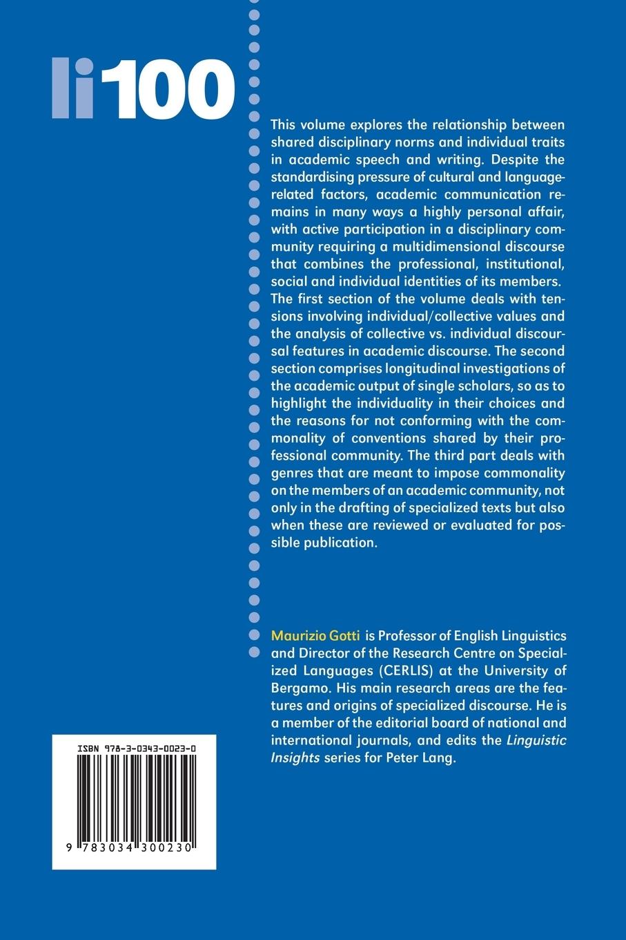 Rückseitencover Commonality and Individuality in Academic Discourse