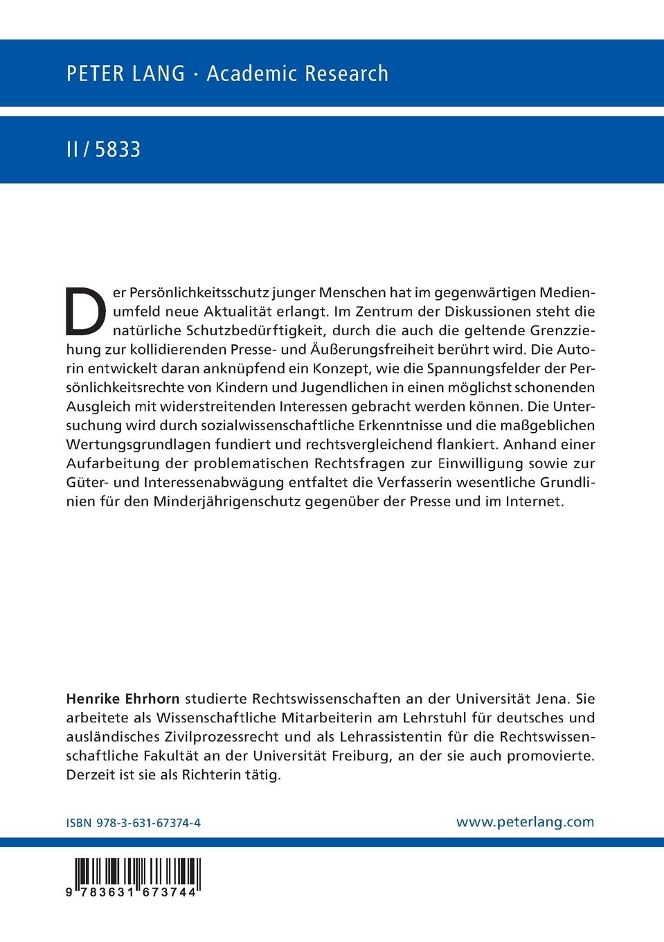 Rückseitencover Persönlichkeitsschutz von Kindern und Jugendlichen