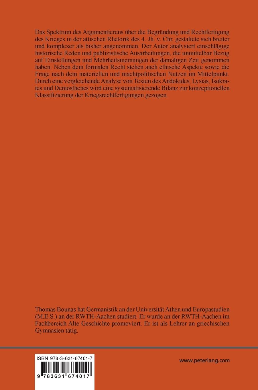 Rückseitencover Die Kriegsrechtfertigung in der attischen Rhetorik des 4. Jh. v. Chr.